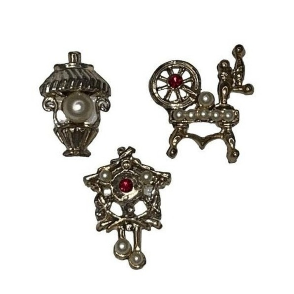 Vintage Brooch Set Gold Tone Metal Faux Stones Pearls Clock Lamp Sewing Pins